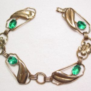 Gold Over Sterling Floral and Green Rhinestone Bracelet