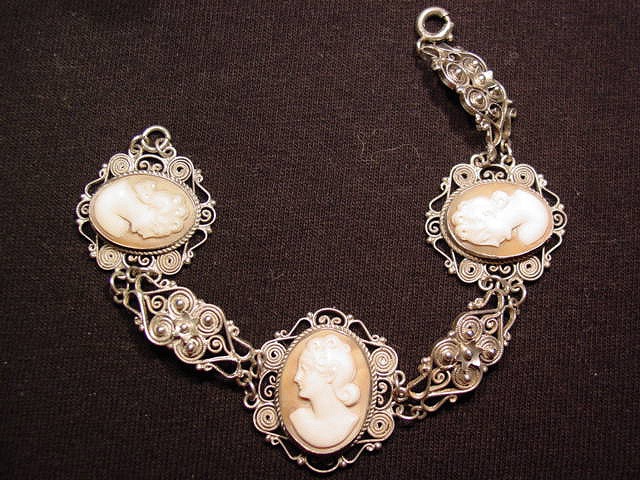 Scrolled Silver and Triple Shell Cameo Bracelet