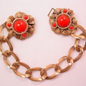 Brass and Red Glass Old Bracelet