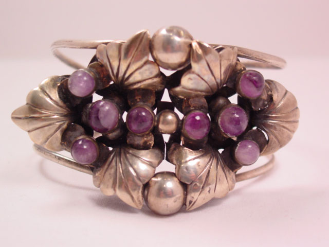 Fantastic Large Mexican Silver and Amethyst Cuff Bracelet