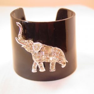 Rhinestone Elephant and Black Plastic Cuff Bracelet