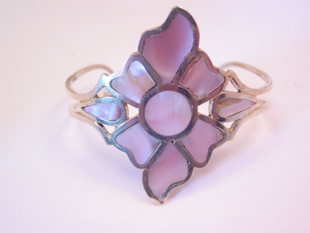 Pink Mother of Pearl Flower Cuff Bracelet