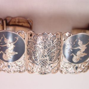 Wide Sterling Siam Bracelet with Peacocks and Siamese Dancers