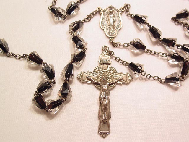 Black and Clear Striped Sterling Rosary