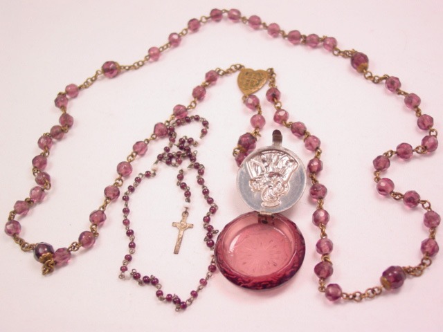 Purple Glass Necklace with Rosary Holder Pendant and Rosary
