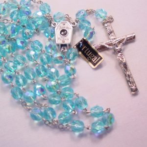 Ice Blue Aurora Borealis Agua de Fatima Rosary in Original Box