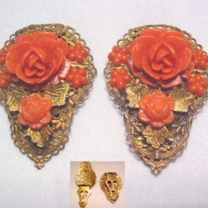 Old Coral Colored Plastic Rose Dress Clips