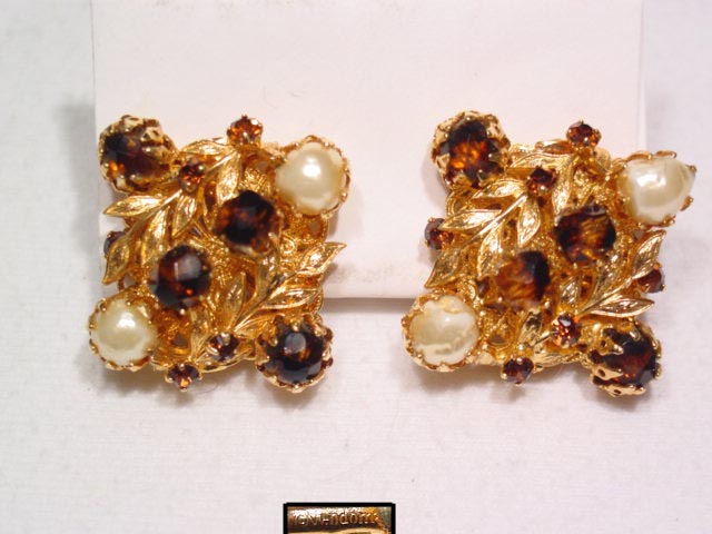 Brown and Imitation Pearl Vendome Earrings