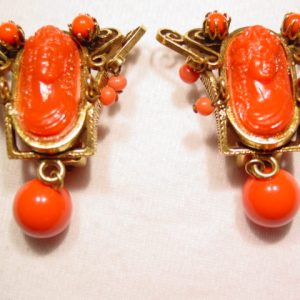 Beautiful Coral Colored Plastic Cameo Earrings