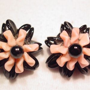 Western Germany Black and Pink Frilly Glass Earrings