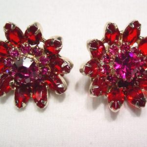 Red and Pink Rhinestone Flower Weiss Earrings