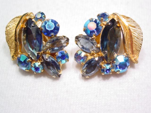 Bright Blue Rhinestone and Leaf Weiss Earrings