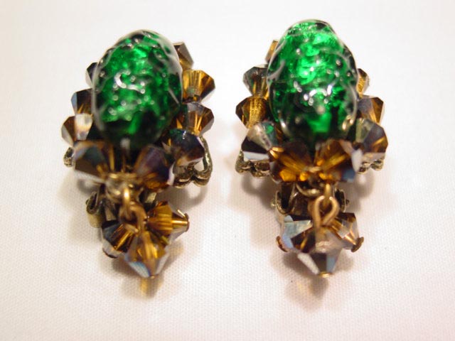Brown and Green Glass Hobe Earrings