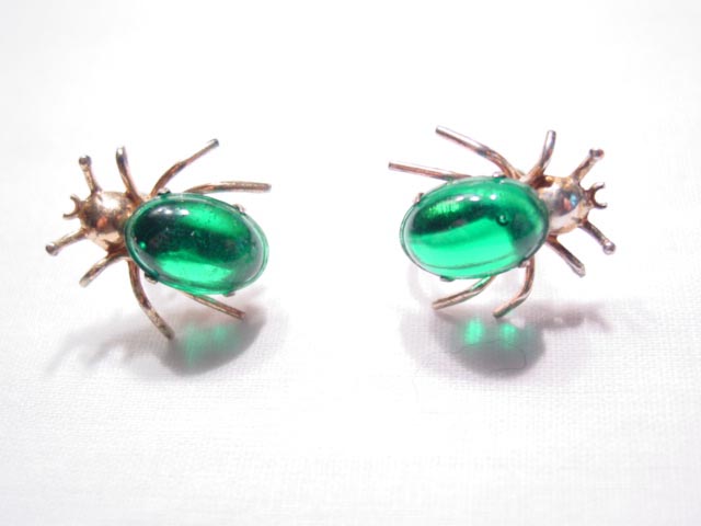 Green Rhinestone and Sterling Bug Earrings