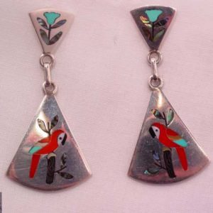 Inlaid Parrot and Sterling Pierced Earrings