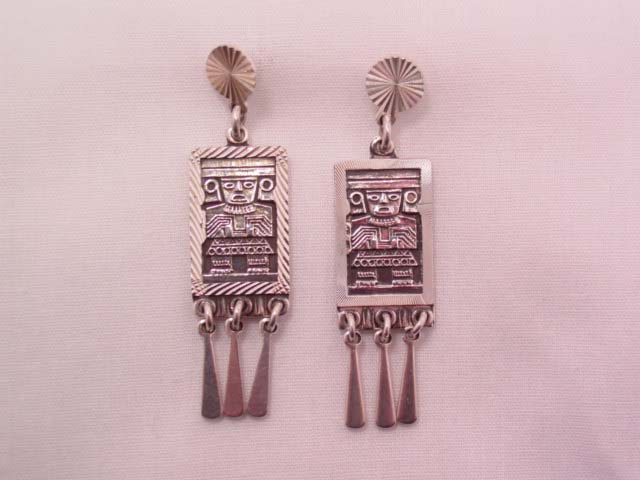 Rectangle Aztec-Design Sterling Pierced Earrings