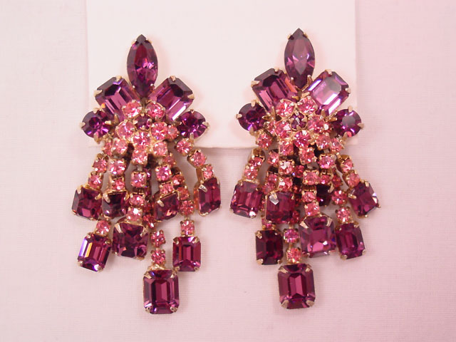 Purple and Pink Rhinestone Chandelier Earrings