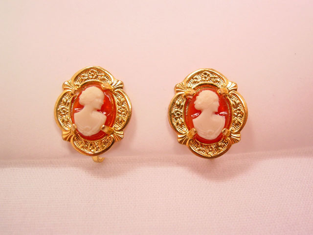 Orange and White Plastic Cameo Earrings with Fancy Goldtone