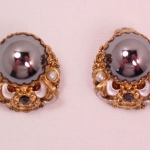 Beautiful Hematite-Colored Cabochon West German Earrings