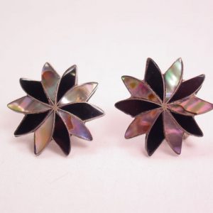 Sterling, Abalone & Onyx Pinwheel Earrings