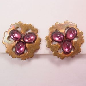 Brass and Purple Cabochon Earrings