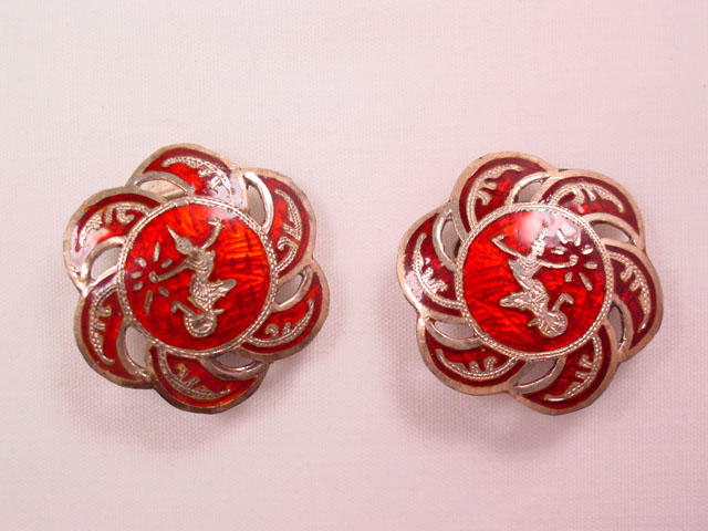 Sterling and Red Enamel Swirl Siamese Dancer Earrings