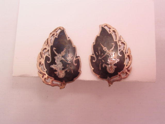 Sterling and Black Enamel Leaf and Siamese Dancer Earrings