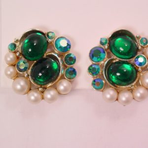 Pearl and Green Rhinestone Cab Earrings