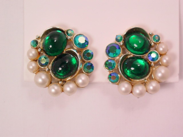 Pearl and Green Rhinestone Cab Earrings