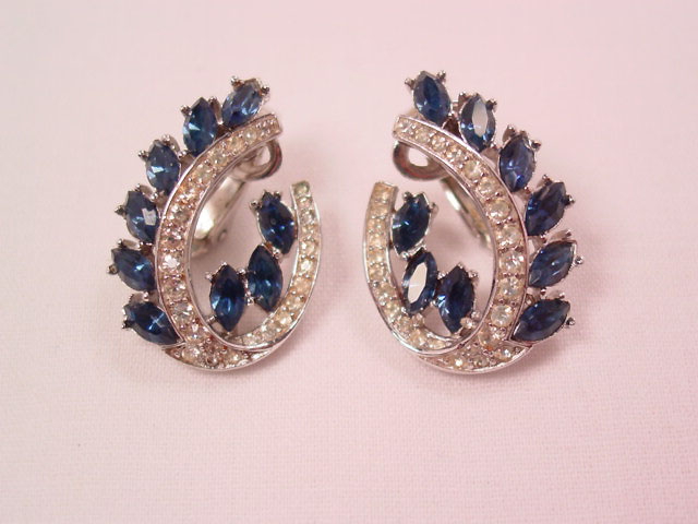 Montana Blue and Clear Rhinestone Trifari Earrings