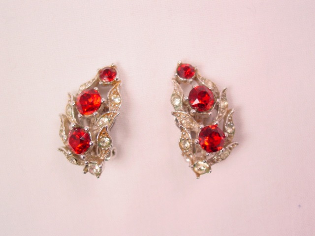 Red and Clear Rhinestone Bogoff Earrings