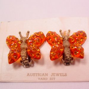 Orange Lucite and Rhinestone Butterfly Earrings on Original Card