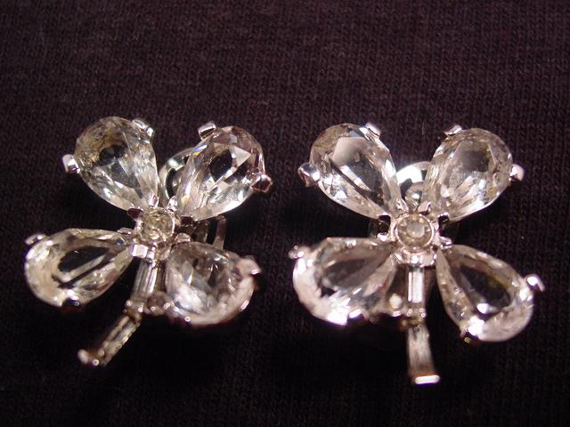 Trifari Clear Rhinestone 4-Leaf Clover Earrings