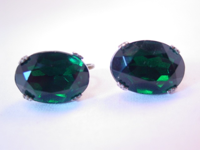 Huge Emerald-Green Oval Rhinestone and Sterling Earrings