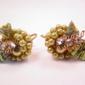 Olive Green Glass and Imitation Pearl Earrings