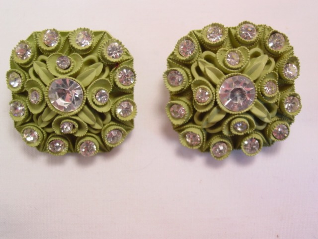 Olive Carved Octagon Plastic and Rhinestone Earrings