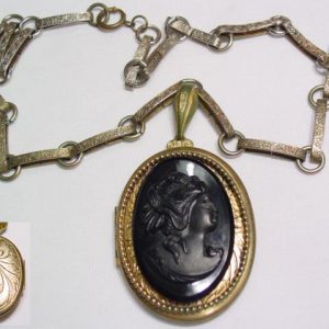 Old Black Plastic and Brass Locket Necklace