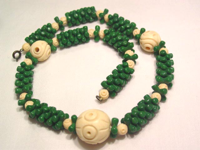 Old Green Glass and Bone Necklace