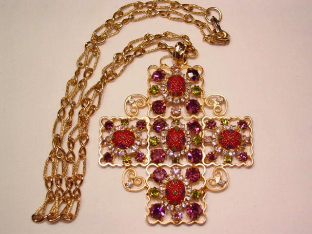 Wonderful Purple and Art Glass Maltese Cross Necklace