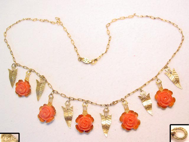 Plastic Coral Roses and Gold Leaves Necklace