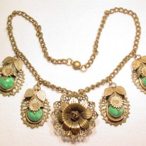 Old Floral Brass and Green Plastic Necklace