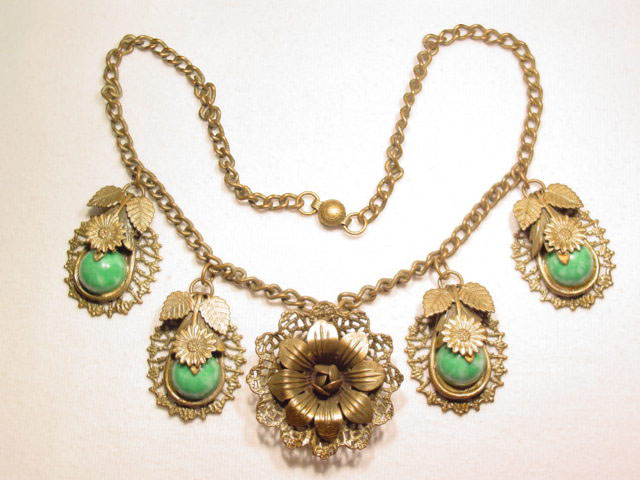 Old Floral Brass and Green Plastic Necklace