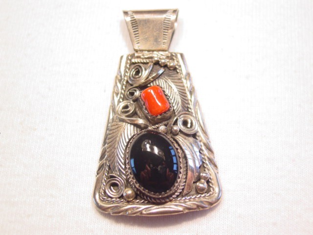 Justin Morris Sterling Onyx and Coral Pendant