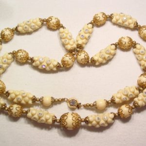 Cream Tri-Bead and Rhinestone Necklace