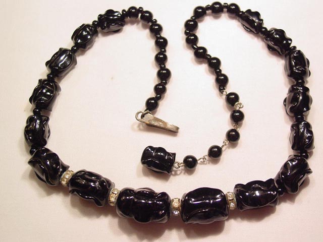 Black Glass Pinched Bead Necklace
