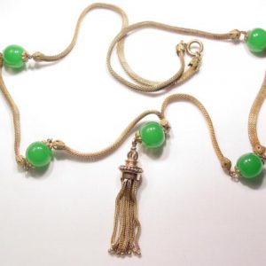 Old Green Glass Bead, Mesh Chain, Tassel Necklace