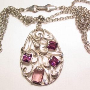 Pot Metal and Purple Rhinestone Floral Necklace
