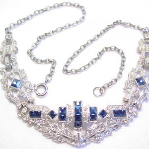 Vintage Clear and Sapphire-Blue Rhinestone Pot Metal Necklace