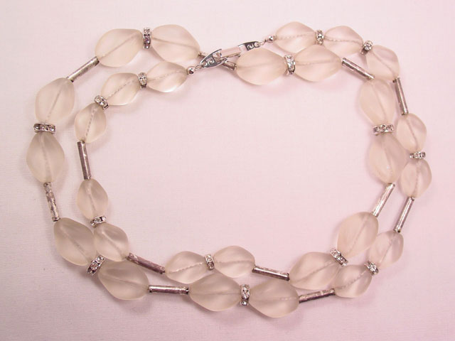 Twisted Frosted Glass Beads and Clear Rhinestone Rondelles N