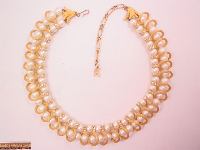 Brushed Gold, Pearl, and Rhinestone Kramer Necklace